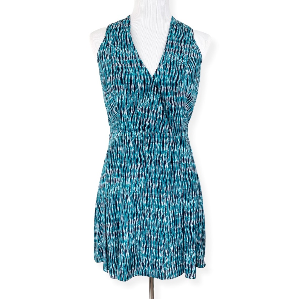 Proenza Schouler Teal Black Sleeveless Silk Print Wrap Mini Dress